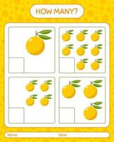 How many counting game with yuzu worksheet for preschool kids, kids activity sheet, printable worksheet vector