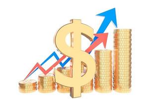 Golden coin stack and finance graph chart on white background., Money saving and investment concept and saving ideas and financial growth.3d model and illustration. photo