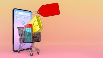 Many Shopping bag and price tag in a shopping cart appeared from smartphones screen., shopping online or shopaholic concept.,3d illustration with object clipping path. photo