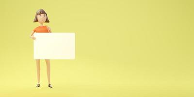 Character Young beautiful woman hold to blank paper on yellow banner background with copy space.,3d model and illustration. photo