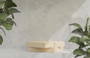podio de madera de maqueta para podio de presentación de productos con fondo de hormigón, modelo 3d e ilustración. foto