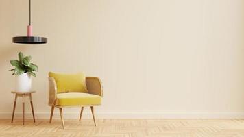 interior moderno de la sala de estar con sillón amarillo en la pared vacía de color crema. foto