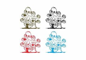 Four color variation of skull and octopus line art drawing vector