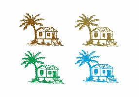 Four color variation of simple house and coconut tree line art drawing vector