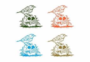 Four color variation of bird on skeleton head vector