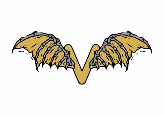 Gold black color of V initial letter with vintage wings