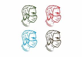 Four color variation of man wearing medical mask line art drawing vector