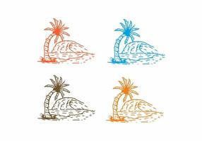 Four color variation of sea wave and coconut tree line art drawing vector