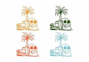 Four color variation of skull head and car with surfing board vector