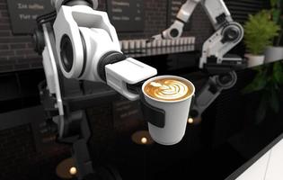 brazo robótico que sirve café caliente en una cafetería. foto
