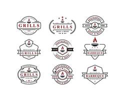 conjunto de placa retro vintage parrilla restaurante diseño logotipo etiqueta fuego llama logotipo vector diseño inspiración