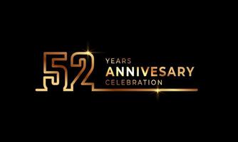 52 Year Anniversary Celebration Logotype with Golden Colored Font Numbers Made of One Connected Line for Celebration Event, Wedding, Greeting card, and Invitation Isolated on Dark Background vector