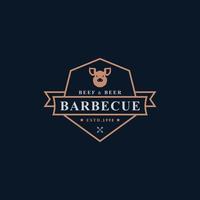 Vintage Retro Badge Grill Restaurant Barbecue Steak House Menu Emblem and Food Silhouettes Typography Logo Design vector