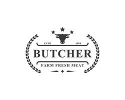 Vintage Retro Butcher shop Vector Illustration Good for Farm or Restaurant Badges with Animals and Meat Silhouettes Typography Emblems Logo Design