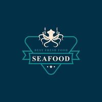 insignia retro vintage mercado de pescado de mariscos y restaurante emblema plantilla siluetas tipografía diseño de logotipo vector