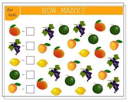 juego de matemáticas para niños, cuenta cuántos artículos, fruta de mango, vector