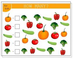 juego de matemáticas para niños, cuenta cuántos artículos, verduras. vector