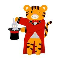 Cartoon vector illustration for children, tiger magician in the circus,