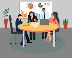 Meeting of businessmen in the office interior. Business conference room with HR managers working in a team. Illustration office meeting, business team and teamwork vector