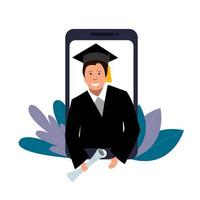 Graduation, square cap of the graduate, mantle. Phone, video link, a man holding a scroll vector