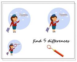 A logic game for kids find the differences, a flight attendant and an airplane. vector