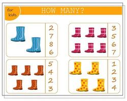 Math game for kids, count how many rubber boots. vector