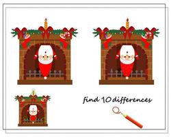 A logical game for children, find the differences. Santa in the fireplace, Christmas. vector