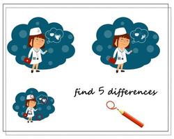 A logical game for children find the differences, a medical worker, a doctor or a nurse. vector