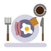 Vector illustration of breakfast - eggs with bacon, toast and a cup of coffee on a gray plate. Simple food