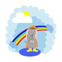 cute, happy cartoon elephant in a raincoat standing in a puddle in boots, rainbow. vector