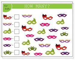 children's math game count how many of them. Masquerade masks. vector