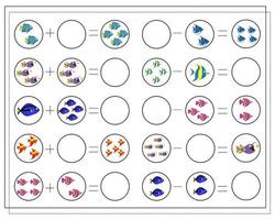 juego de matemáticas para niños, cuenta cuántos peces hay. Resuelve los ejemplos de suma y resta. vector