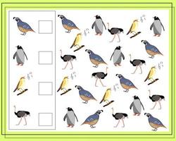 Game for children count how many of them. Math game for preschool and primary school children. Count the number of birds. vector