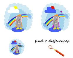 encuentra la diferencia, el elefante de dibujos animados está parado cerca del arcoíris. un juego para niños. vector