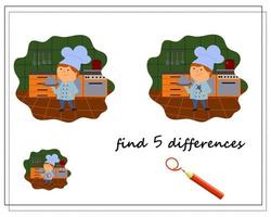 A logic game for kids find the differences, cook in the kitchen vector