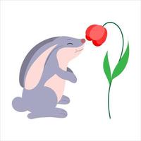 A cartoon character, a hare or a rabbit sniffs a flower. vector