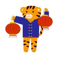 ilustración de dibujos animados para niños, año nuevo chino. un tigre y una linterna china vector