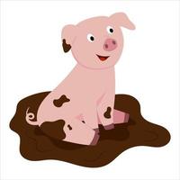 ilustración vectorial de un lindo cerdo de dibujos animados sentado en el barro. vector
