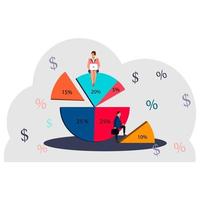 a business woman is chatting with a laptop. a businessman with a briefcase climbs the diagram. Percentage chart and tiny people. Business. Calculation and analysis of statistics. Profit growth. vector