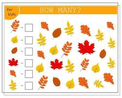 Math game for kids count how many there are in total. autumn leaves of trees, vector