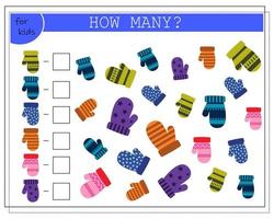 Math game for kids. worksheet count how many mittens. vector