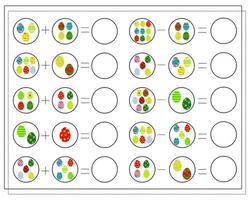 un juego de matemáticas para niños. resuelve los ejemplos, cuenta los huevos de pascua. vector
