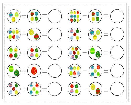 A math game for kids. Solve the examples, count the Easter eggs.
