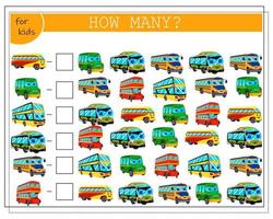 juego de matemáticas para niños cuenta cuántos de ellos hay. autobuses de dibujos animados con ojos y una sonrisa de color rojo, amarillo y verde