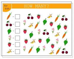 Math game for kids count how many of them there are. count how many berries are raspberries vector