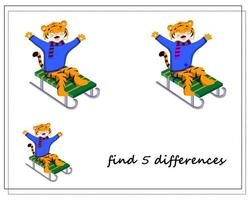 a game for children find the differences, winter, a tiger on a sled, vector