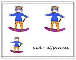 un juego para niños encuentra las diferencias, invierno, un tigre en una tabla de snowboard vector