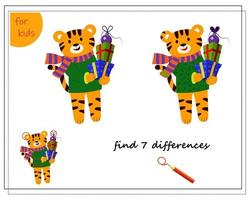 A logical game for children. Find the differences. Tiger with gifts vector