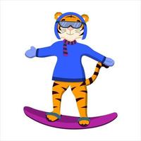 cartoon tiger on a snowboard, vector