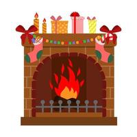 vector illustration of a fireplace decorated for Christmas, gift boxes, isolated on a white background.